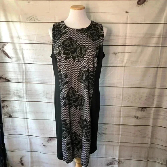Emma & Michelle Women’s Shift Dress 16 Black White Floral Unlined Back Zip - Picture 1 of 12